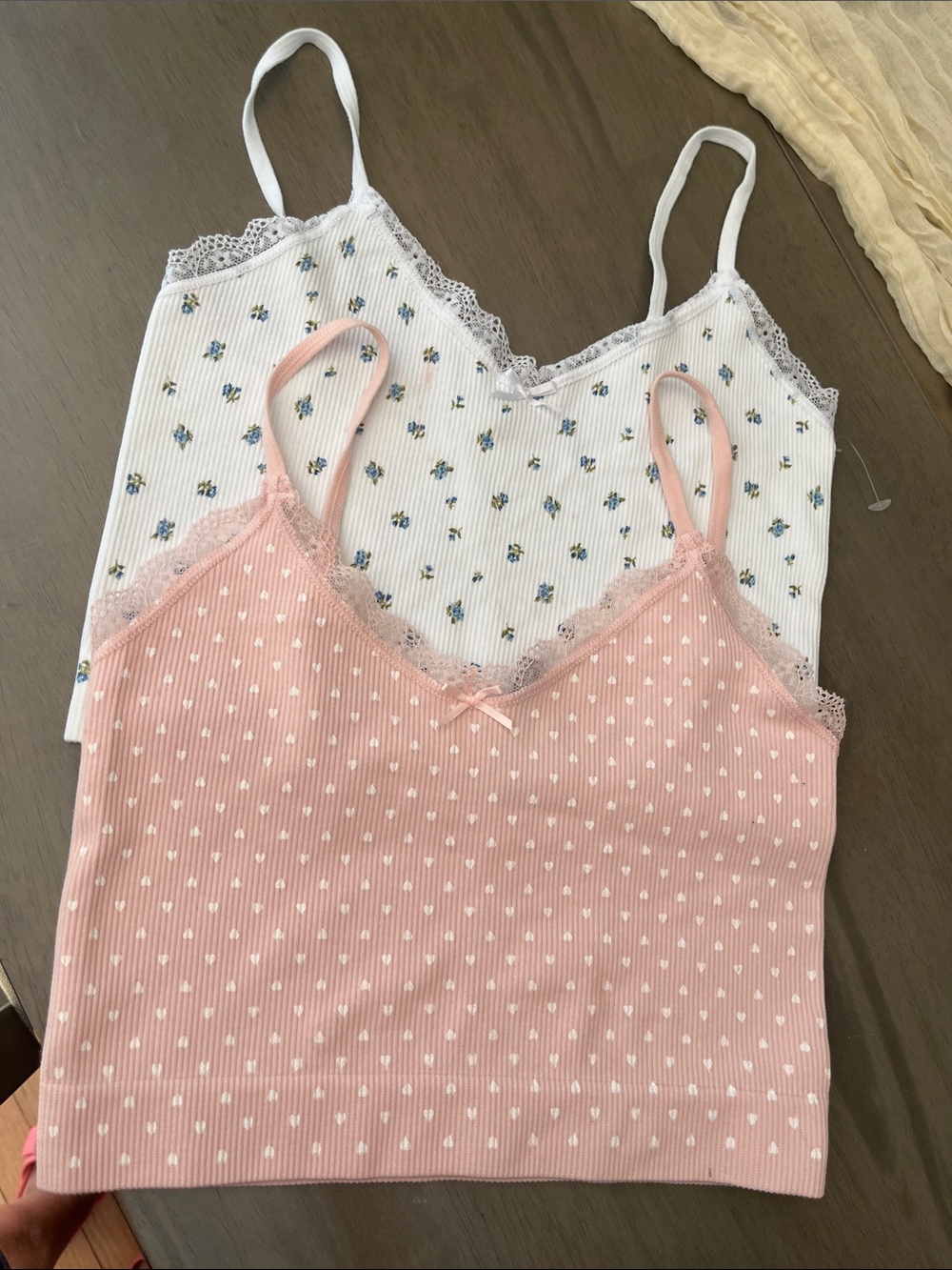 Pink Polka Dot Lace Trim Cami + White Floral Lace Trim Cami (2-Pack)